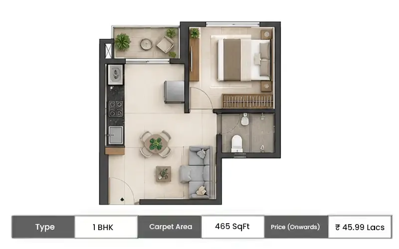 Ajmera One Kalyan 1 BHK floor plan, 465 sq ft carpet area
