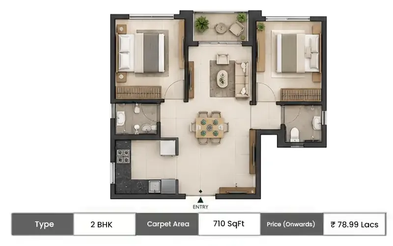 Ajmera One Kalyan 2 BHK floor plan, 710 sq ft carpet area