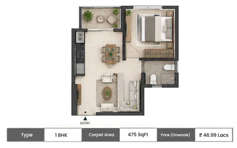 Ajmera One Kalyan 1 BHK floor plan, 475 sq ft carpet area